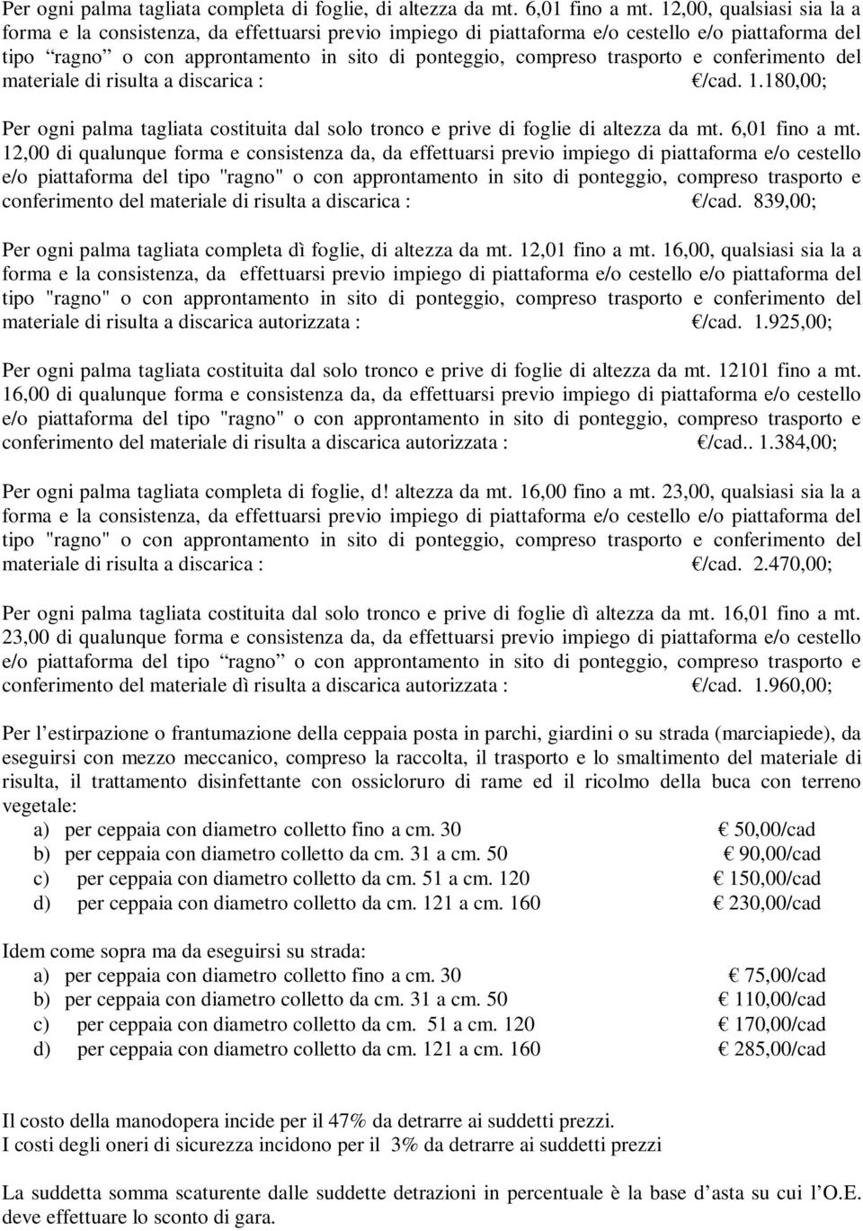 180,00; Per ogni palma tagliata costituita dal solo tronco e prive di foglie di altezza da mt. 6,01 fino a mt.