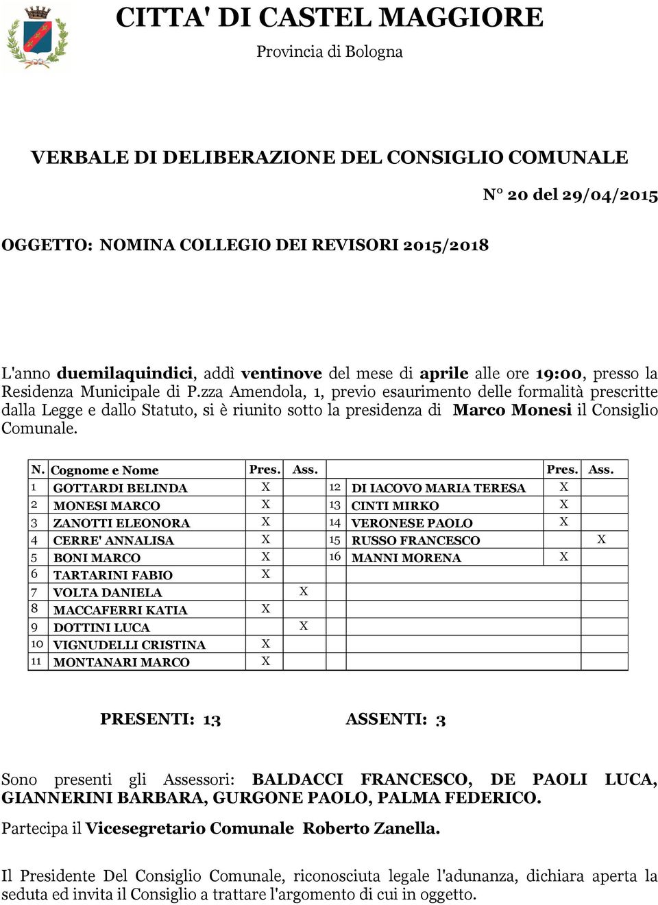 zza Amendola, 1, previo esaurimento delle formalità prescritte dalla Legge e dallo Statuto, si è riunito sotto la presidenza di Marco Monesi il Consiglio Comunale. N. Cognome e Nome Pres. Ass.