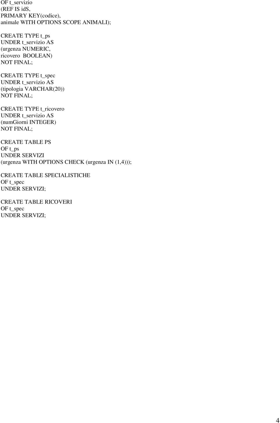 CREATE TYPE t_ricovero UNDER t_servizio AS (numgiorni INTEGER) NOT FINAL; CREATE TABLE PS OF t_ps UNDER SERVIZI (urgenza WITH