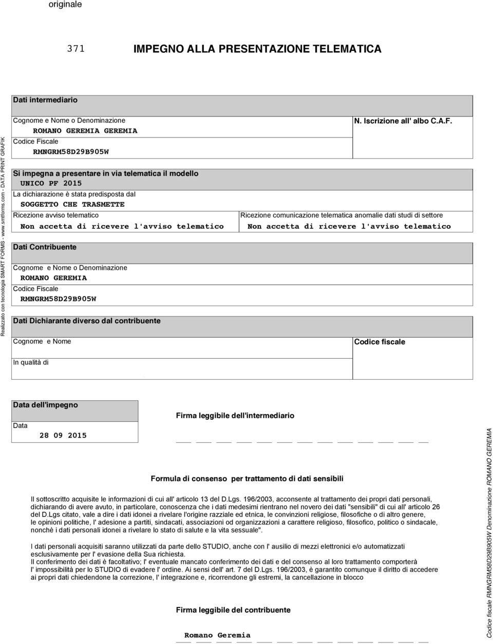 Nome o Denominazione ROMANO GEREMIA Codice Fi