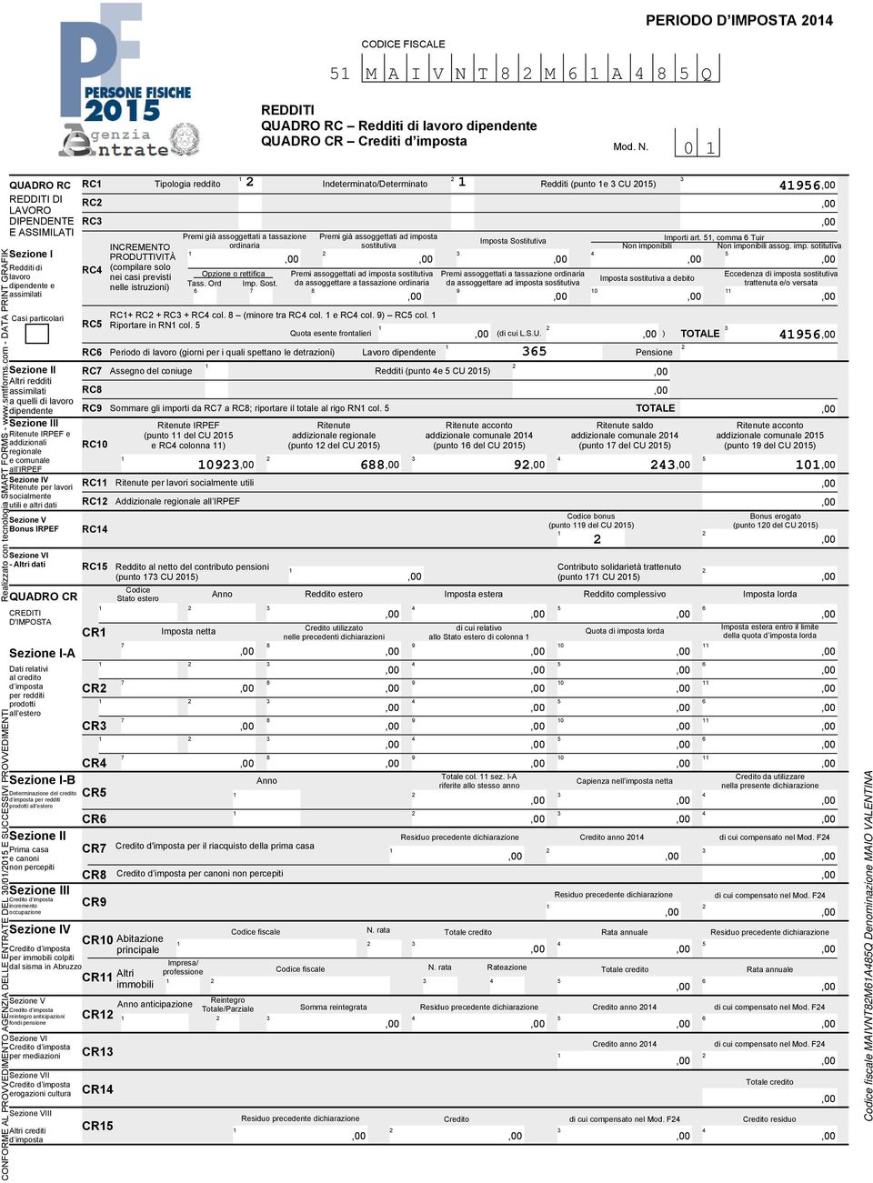 0 QUADRO RC RC DI LAVORO RC DIPENDENTE RC E ASSIMILATI Sezione I Redditi di lavoro dipendente e assimilati QUADRO CR CREDITI D'IMPOSTA Sezione I-A Dati relativi al credito d imposta per redditi