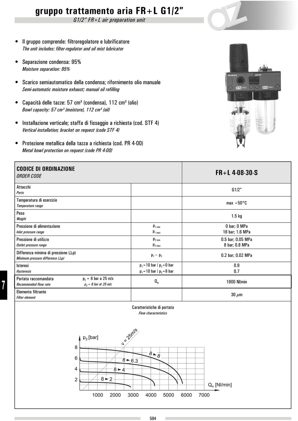 112 cm³ (olio) Bowl capacity: 5 cm³ (moisture), 112 cm³ (oil) Installazione verticale; staffa di fissaggio a richiesta (cod.