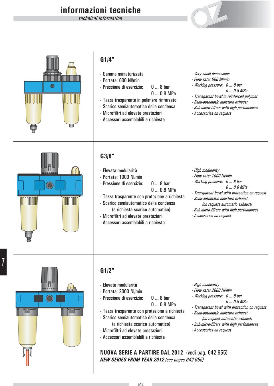 .. 0.8 MPa - Tazza trasparente in polimero rinforzato - Scarico semiautomatico della condensa - Microfiltri ad elevate prestazioni - Accessori assemblabili a richiesta - Very small dimensions - Flow