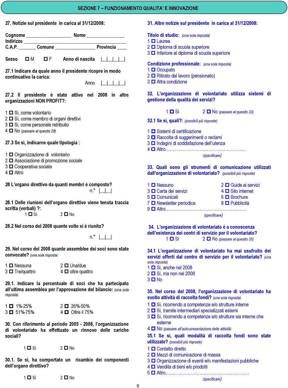 : 1 Sì, come volontario 2 Sì, come membro di organi direttivi 3 Si, come personale retribuito 4 No (passare al quesito 28) 27.