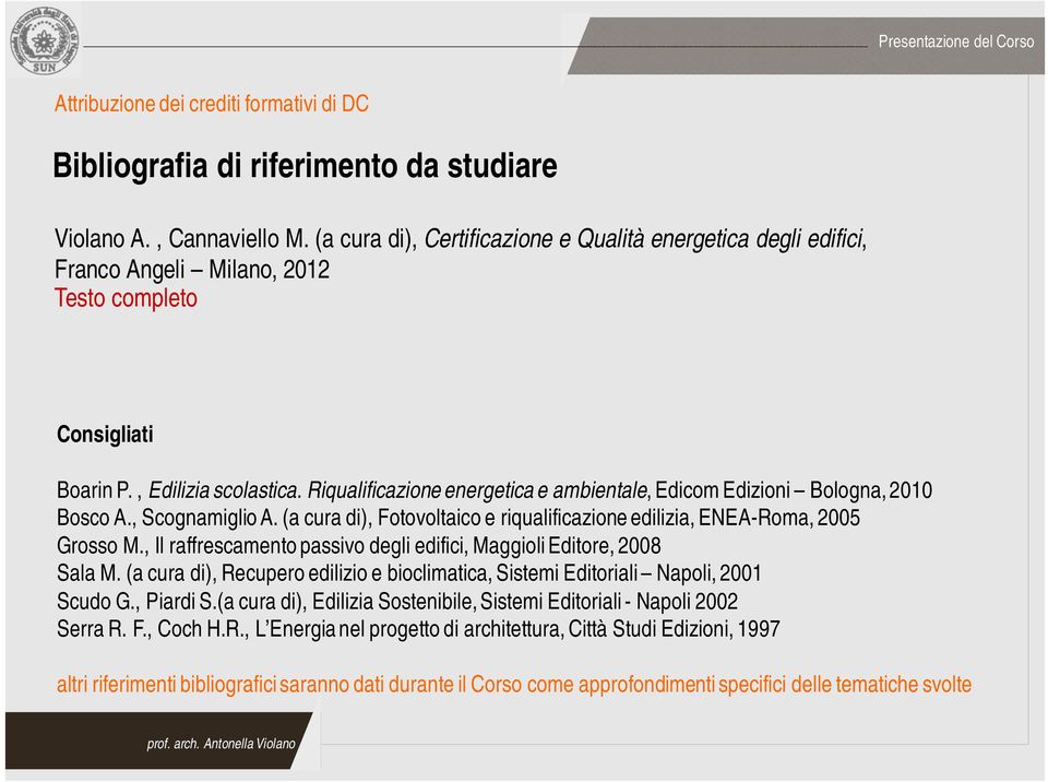 Riqualificazione energetica e ambientale, Edicom Edizioni Bologna, 2010 Bosco A., Scognamiglio A. (a cura di), Fotovoltaico e riqualificazione edilizia, ENEA-Roma, 2005 Grosso M.