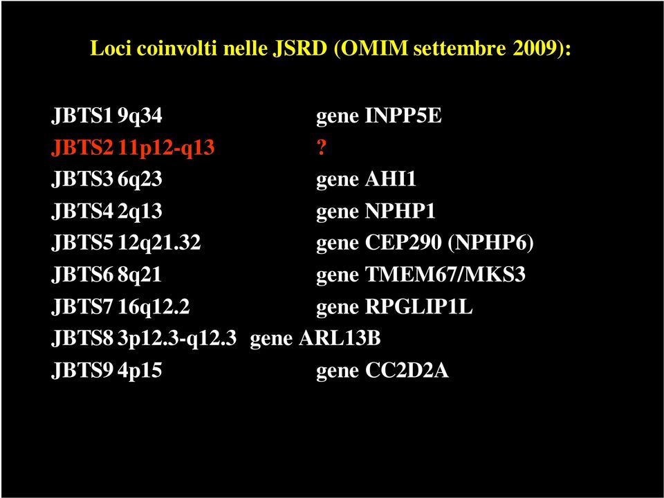 JBTS3 6q23 gene AHI1 JBTS4 2q13 gene NPHP1 JBTS5 12q21.