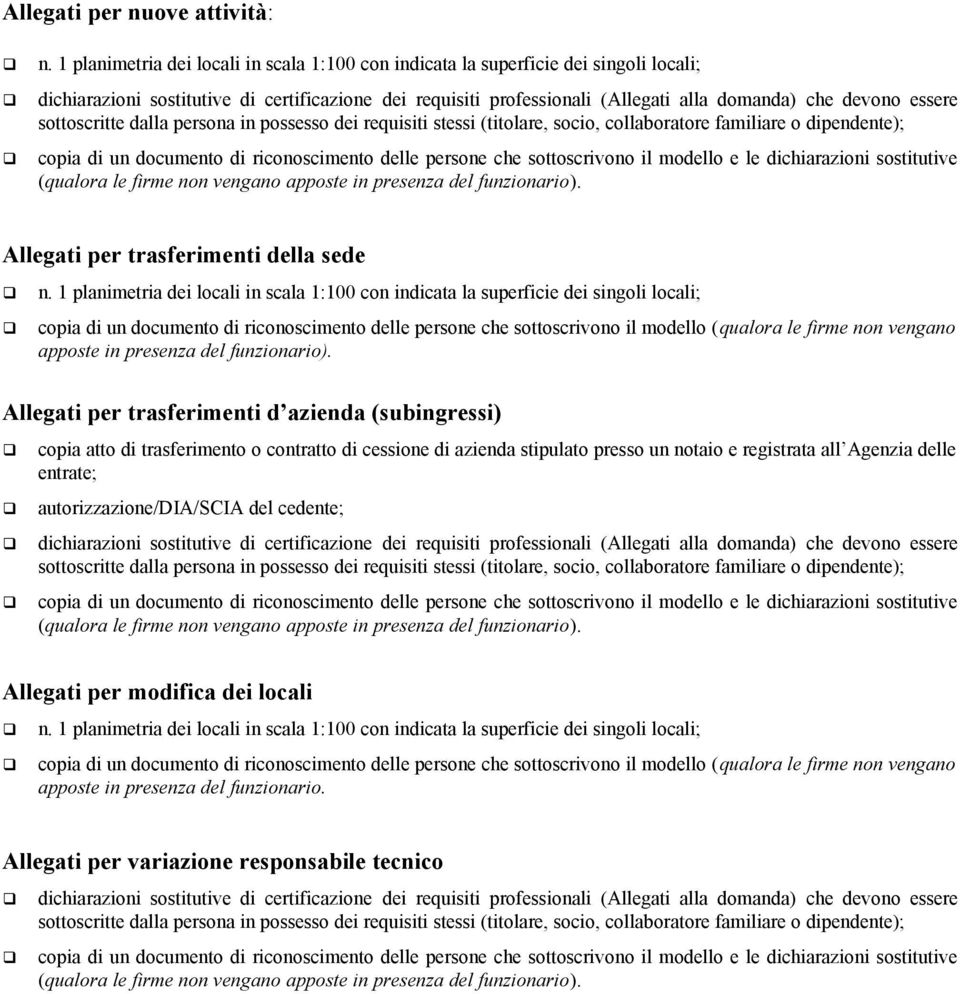 essere sottoscritte dalla persona in possesso dei requisiti stessi (titolare, socio, collaboratore familiare o dipendente); copia di un documento di riconoscimento delle persone che sottoscrivono il