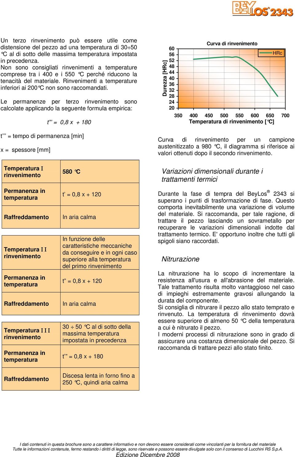 Le permanenze per terzo rinvenimento sono calcolate applicando la seguente formula empirica: t = 0,8 x + 180 t = tempo di permanenza [min] x = spessore [mm] Durezza [HRc] 60 56 52 48 44 40 36 32 28