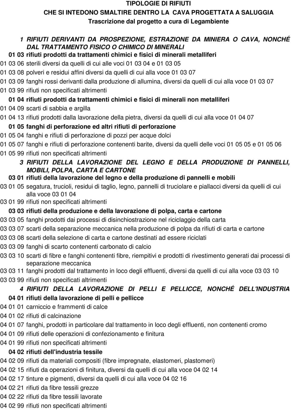 05 01 03 08 polveri e residui affini diversi da quelli di cui alla voce 01 03 07 01 03 09 fanghi rossi derivanti dalla produzione di allumina, diversi da quelli di cui alla voce 01 03 07 01 03 99