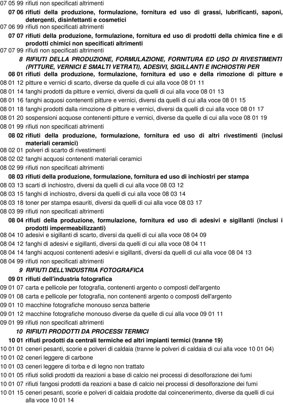 altrimenti 8 RIFIUTI DELLA PRODUZIONE, FORMULAZIONE, FORNITURA ED USO DI RIVESTIMENTI (PITTURE, VERNICI E SMALTI VETRATI), ADESIVI, SIGILLANTI E INCHIOSTRI PER 08 01 rifiuti della produzione,