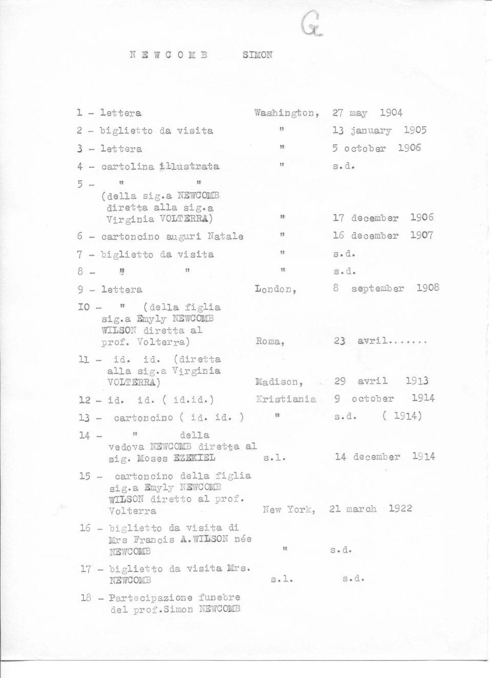 a Virginia V0LT3REA) 12 - id. id. ( id.id.) 13 - cartoncino ( id. id. ) 14 - " della vedova ITST/GOIS diretta al sig. Hoses EZ3KIEL 15 - cartoncino della figlia sig.