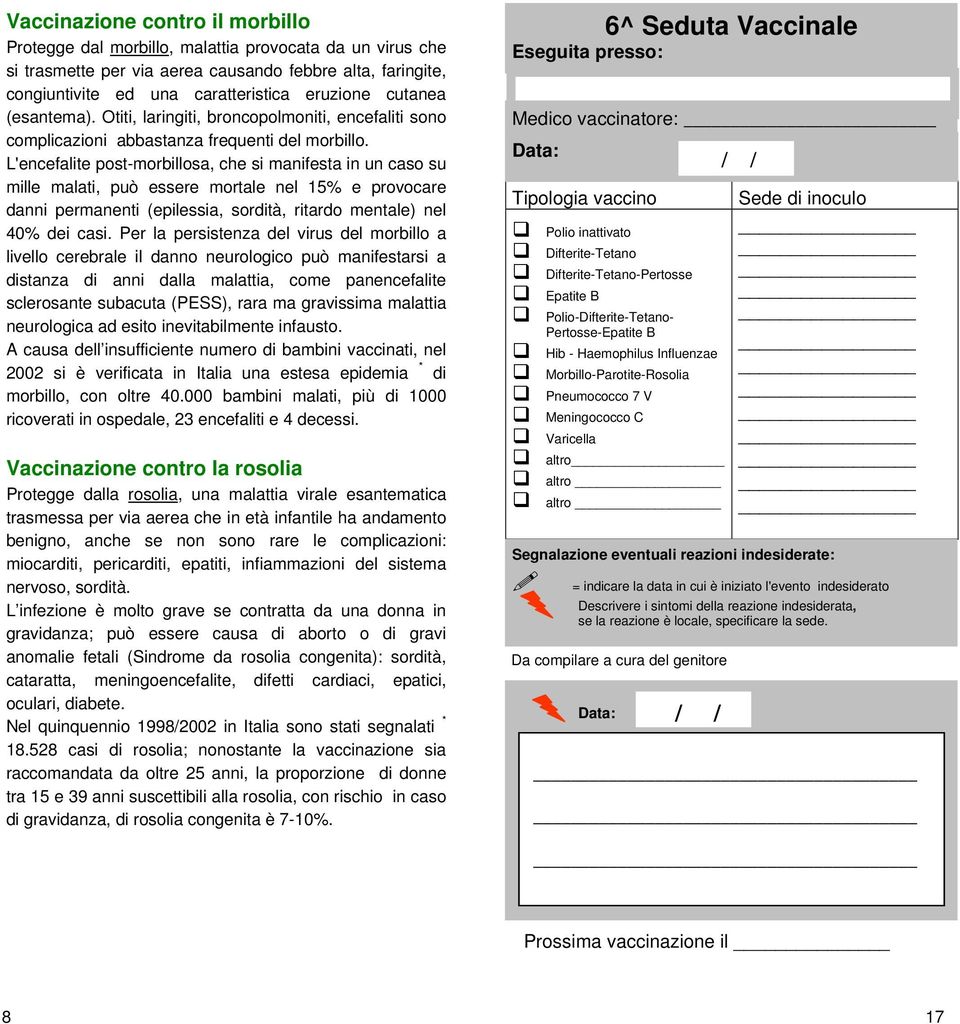 L'encefalite post-morbillosa, che si manifesta in un caso su mille malati, può essere mortale nel 15% e provocare danni permanenti (epilessia, sordità, ritardo mentale) nel 40% dei casi.