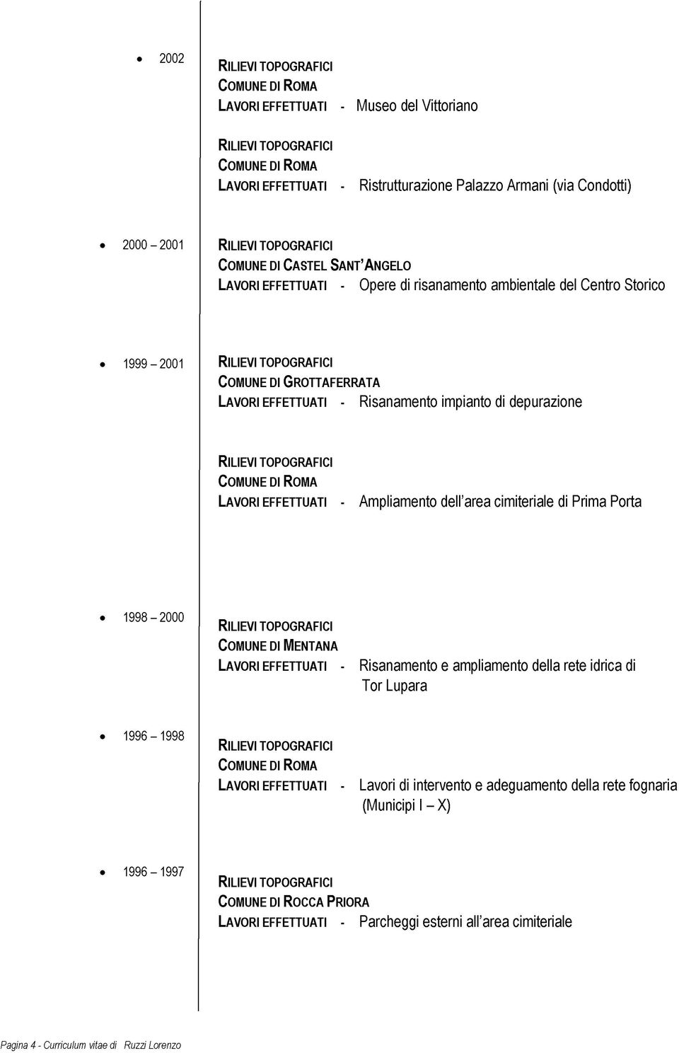 cimiteriale di Prima Porta 1998-2000 Comune di Mentana Lavori effettuati - Risanamento e ampliamento della rete idrica di Tor Lupara 1996-1998 Lavori effettuati - Lavori di