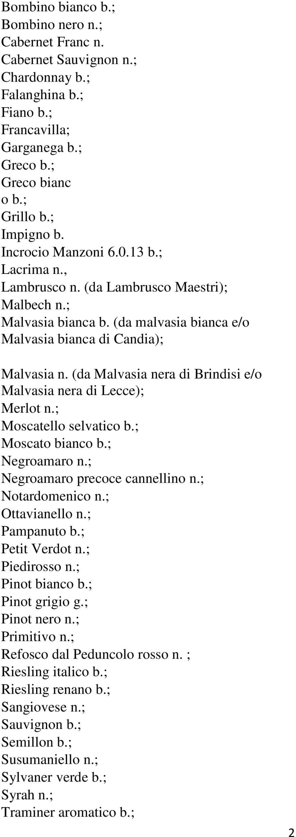 (da Malvasia nera di Brindisi e/o Malvasia nera di Lecce); Merlot n.; Moscatello selvatico b.; Moscato bianco b.; Negroamaro n.; Negroamaro precoce cannellino n.; Notardomenico n.; Ottavianello n.