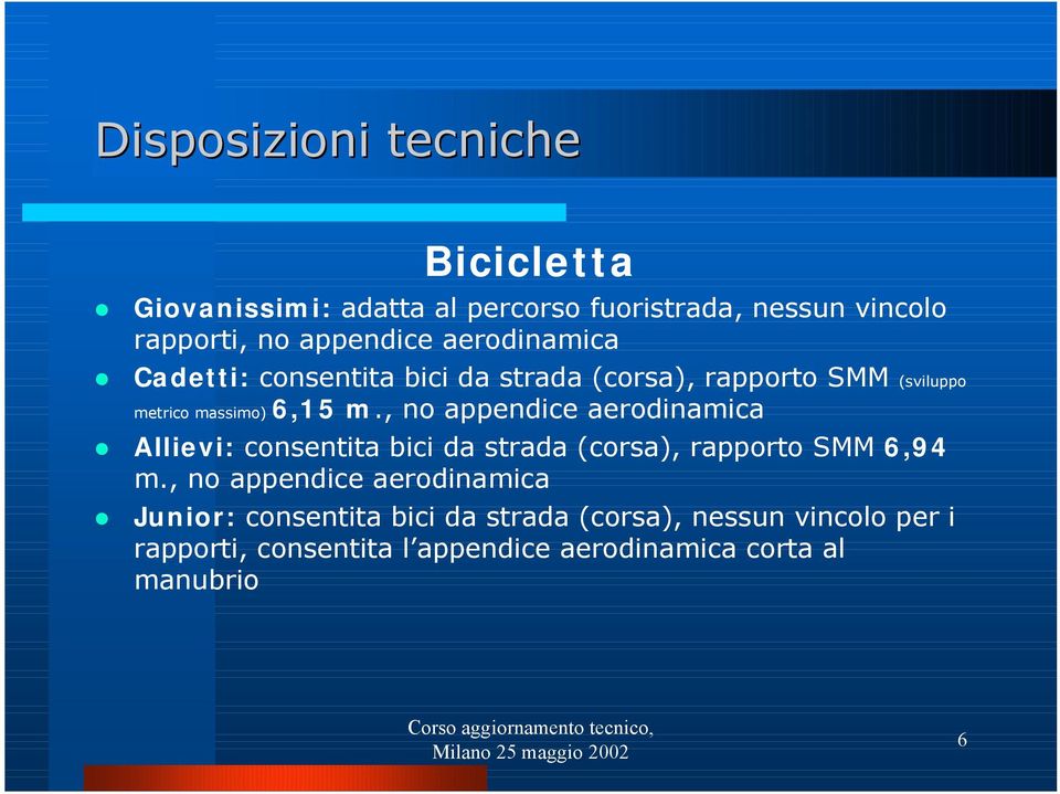 , no appendice aerodinamica Allievi: consentita bici da strada (corsa), rapporto SMM 6,94 m.