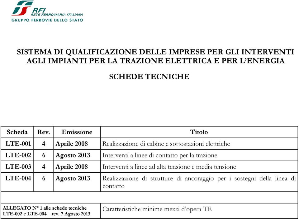 la trazione LTE-003 4 Aprile 2008 Interventi a linee ad alta tensione e media tensione LTE-004 6 Agosto 2013 Realizzazione di strutture di