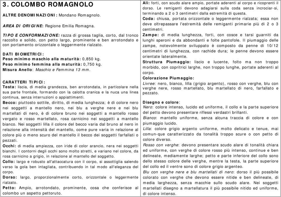 DATI BIOMETRICI: Peso minimo maschio alla maturità: 0,850 kg. Peso minimo femmina alla maturità: 0,750 kg. Misura Anello: Maschio e Femmina 13 mm.