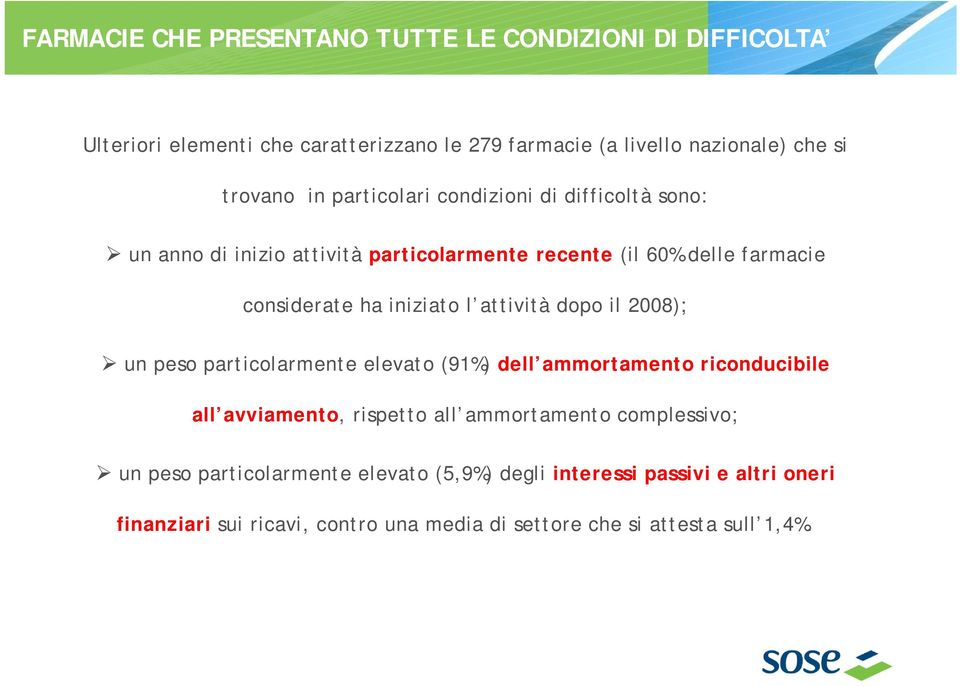 dopo il 2008); un peso particolarmente t elevato (91%) dell ammortamento t riconducibile ibil all avviamento, rispetto all ammortamento complessivo; un