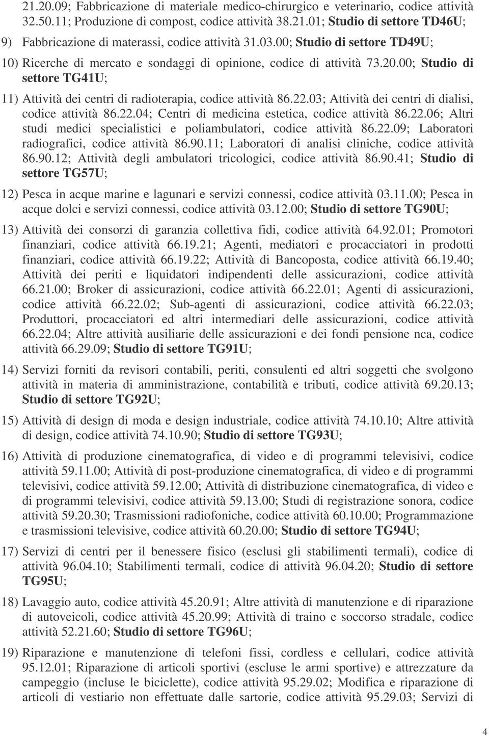 03; Attività dei centri di dialisi, codice attività 86.22.04; Centri di medicina estetica, codice attività 86.22.06; Altri studi medici specialistici e poliambulatori, codice attività 86.22.09; Laboratori radiografici, codice attività 86.