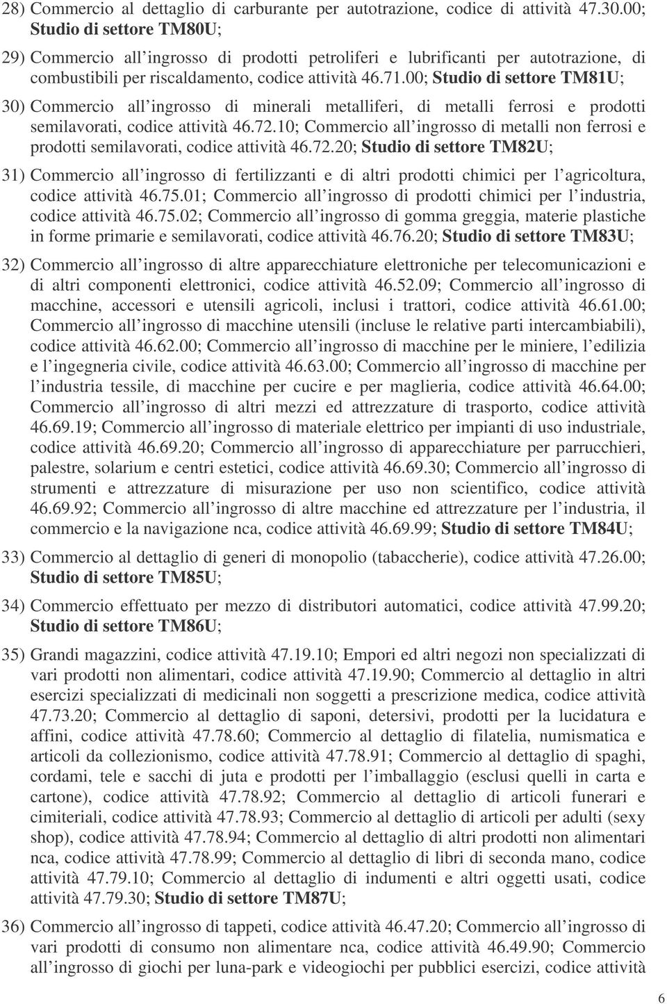 00; Studio di settore TM81U; 30) Commercio all ingrosso di minerali metalliferi, di metalli ferrosi e prodotti semilavorati, codice attività 46.72.