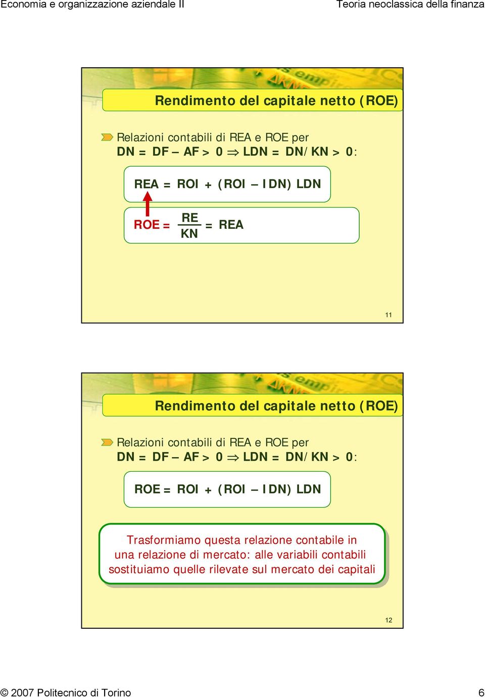 = DF AF > 0 LDN = DN/KN > 0: ROE = ROI + (ROI IDN) LDN Trasformiamo questa relazione contabile in una relazione di