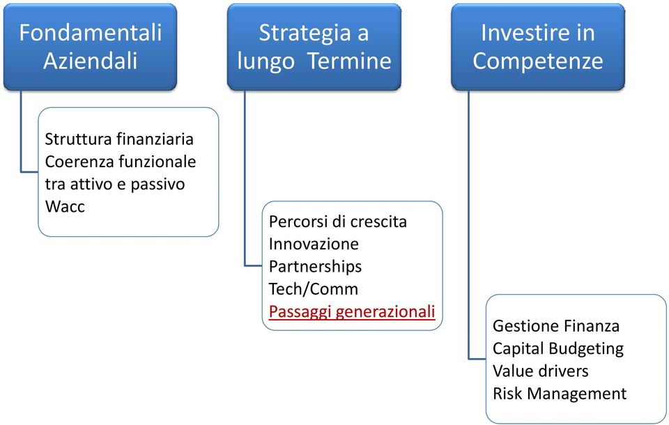 passivo Wacc Percorsi di crescita Innovazione Partnerships Tech/Comm