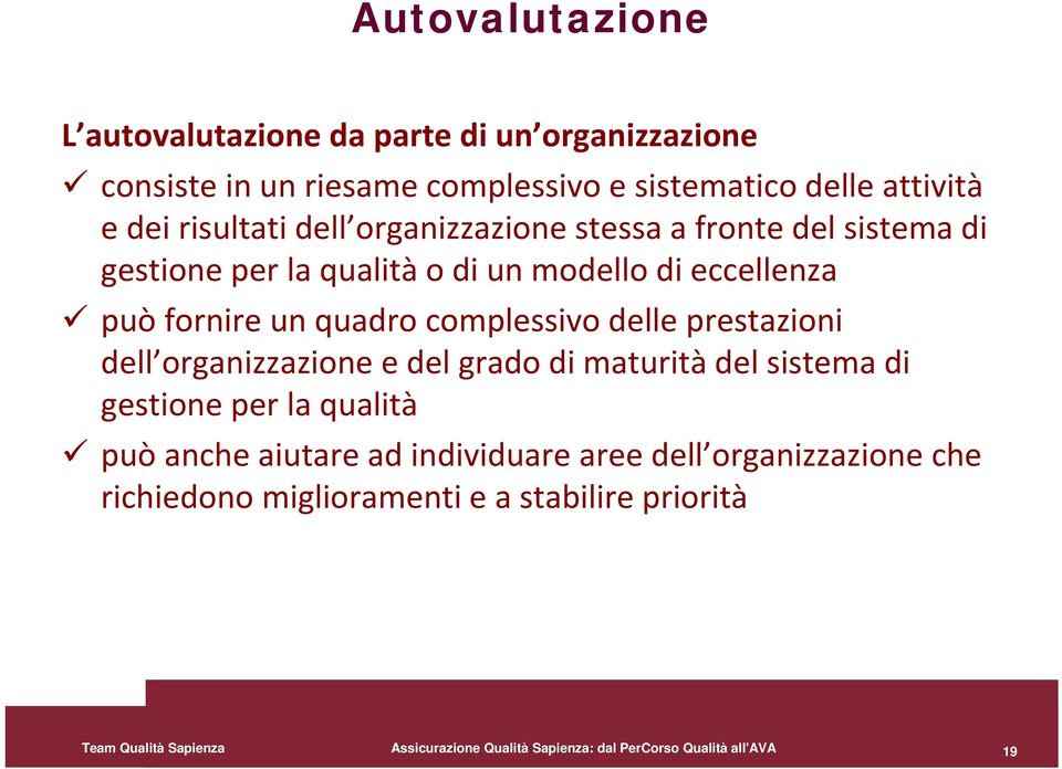 prestazioni dell organizzazione e del grado di maturità del sistema di gestione per la qualità può anche aiutare ad individuare aree dell