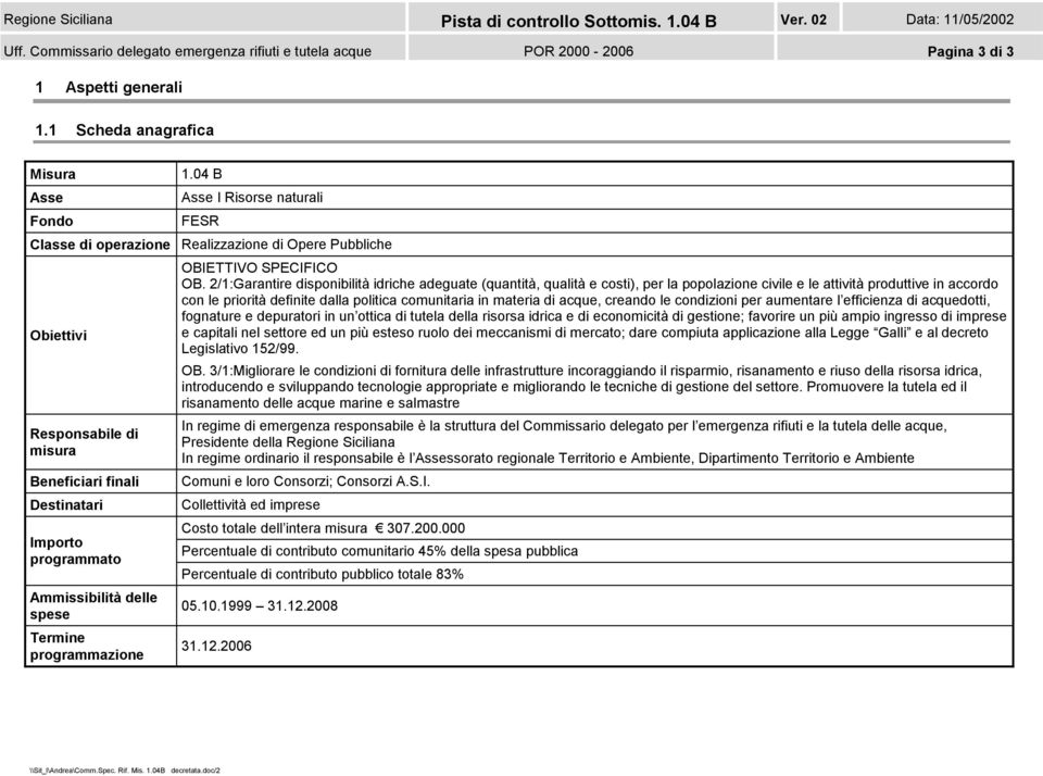 Termine programmazione OBIETTIVO SPECIFICO OB.