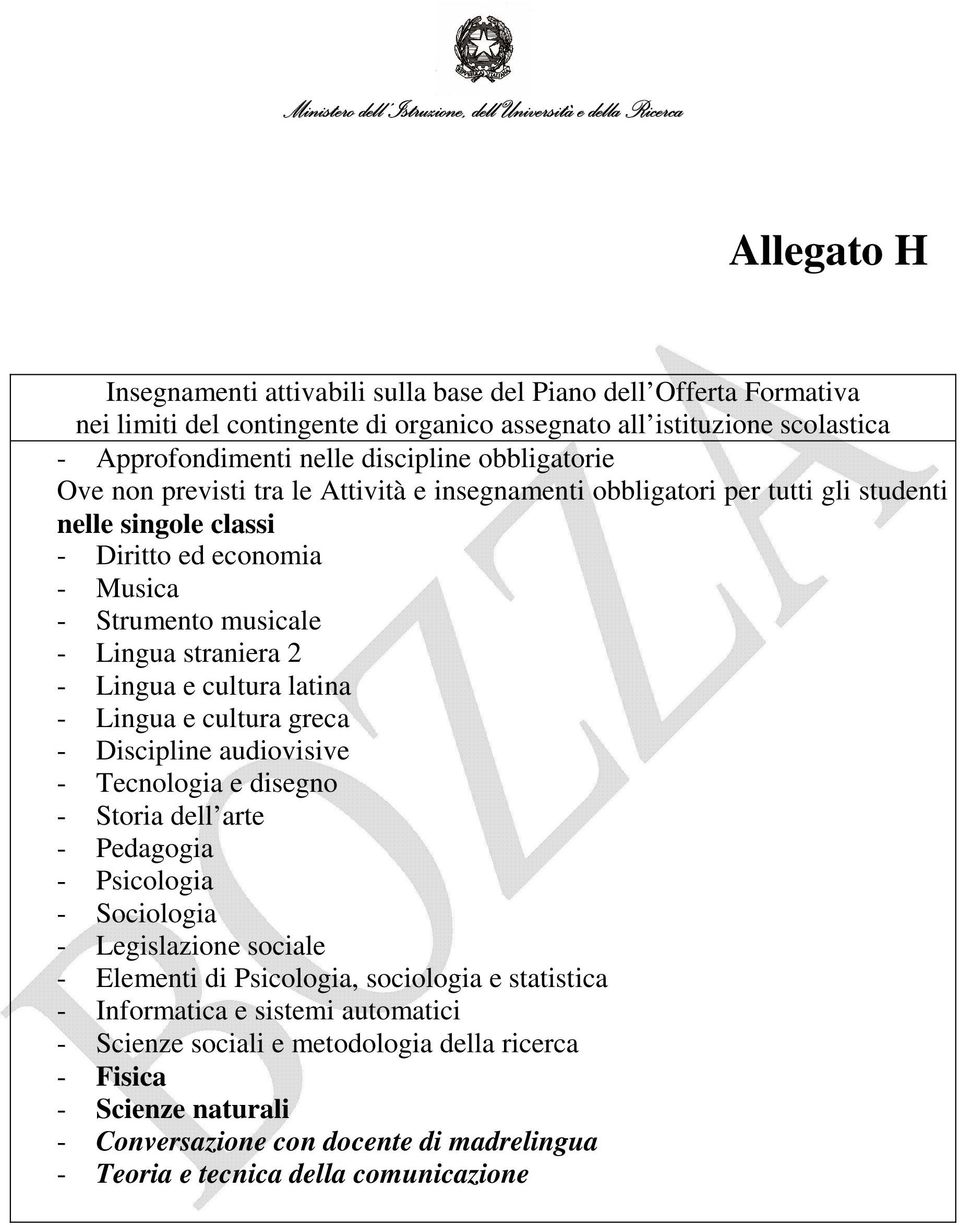 Musica - Strumento musicale - Lingua straniera 2 - Lingua e cultura latina - Lingua e cultura greca - Discipline audiovisive - Tecnologia e disegno - Storia dell arte - Pedagogia - Psicologia -