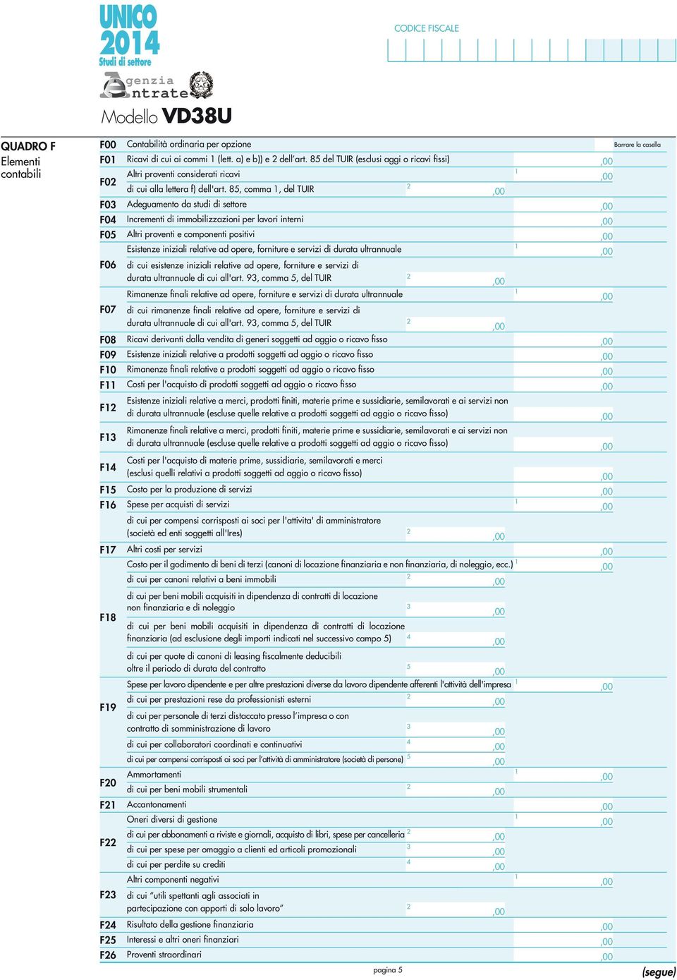 85, comma, del TUIR F03 Adeguamento da studi di settore F04 Incrementi di immobilizzazioni per lavori interni F05 Altri proventi e componenti positivi Esistenze iniziali relative ad opere, forniture