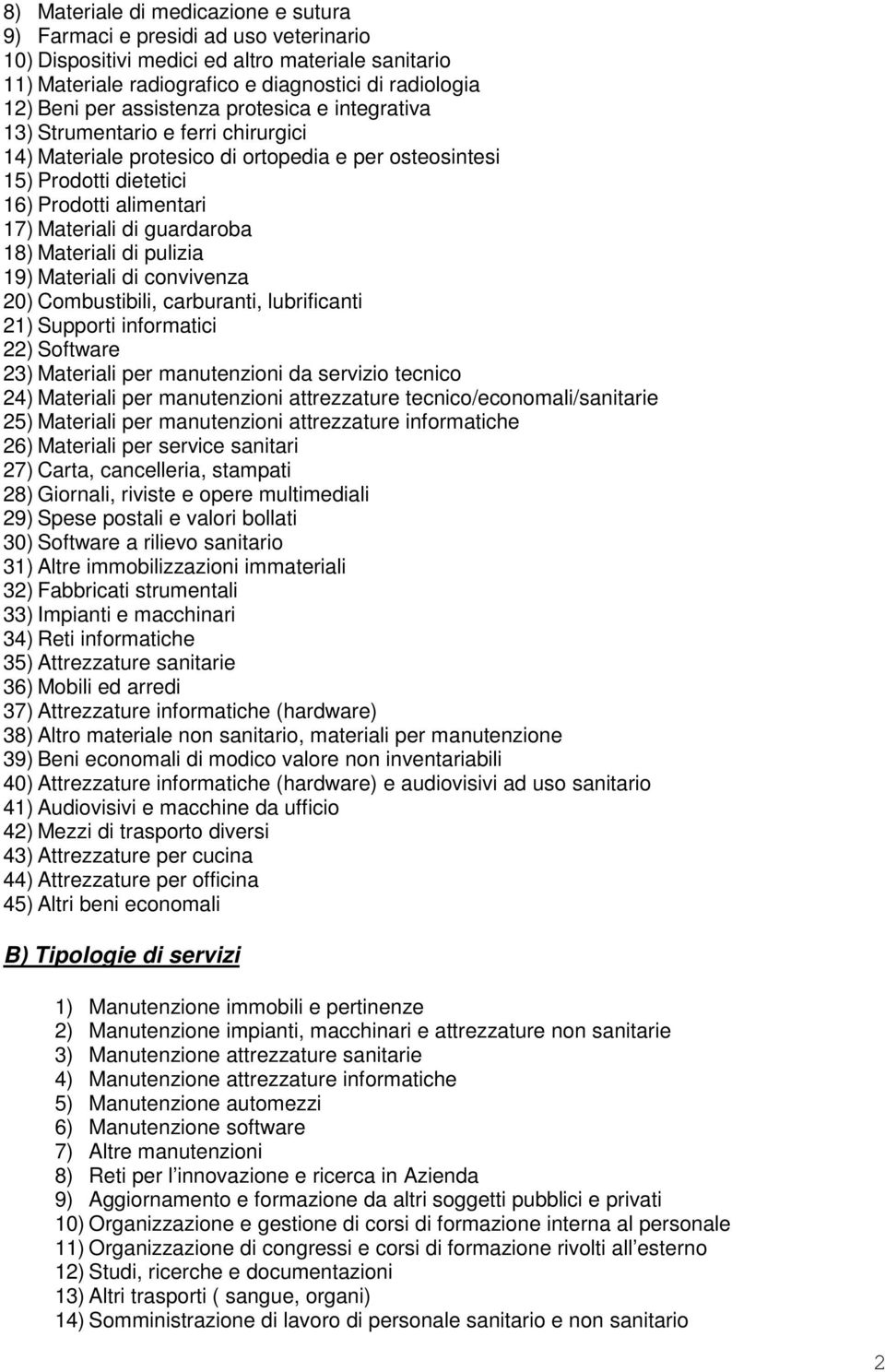 guardaroba 18) Materiali di pulizia 19) Materiali di convivenza 20) Combustibili, carburanti, lubrificanti 21) Supporti informatici 22) Software 23) Materiali per manutenzioni da servizio tecnico 24)