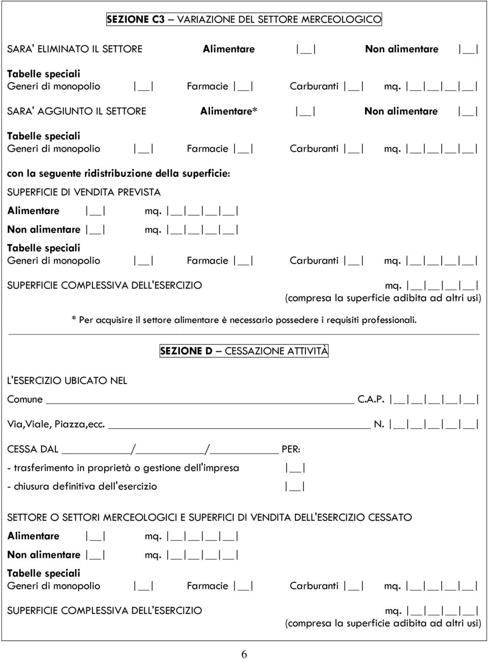 COMPLESSIVA DELL'ESERCIZIO (compresa la superficie adibita ad altri usi) * Per acquisire il settore alimentare è necessario possedere i requisiti professionali.