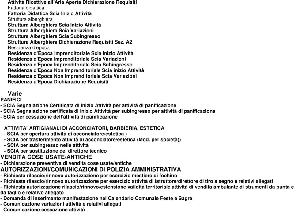 A2 Residenza d'epoca Residenza d Epoca Imprenditoriale Scia inizio Attività Residenza d'epoca Imprenditoriale Scia Variazioni Residenza d'epoca Imprenditoriale Scia Subingresso Residenza d'epoca Non