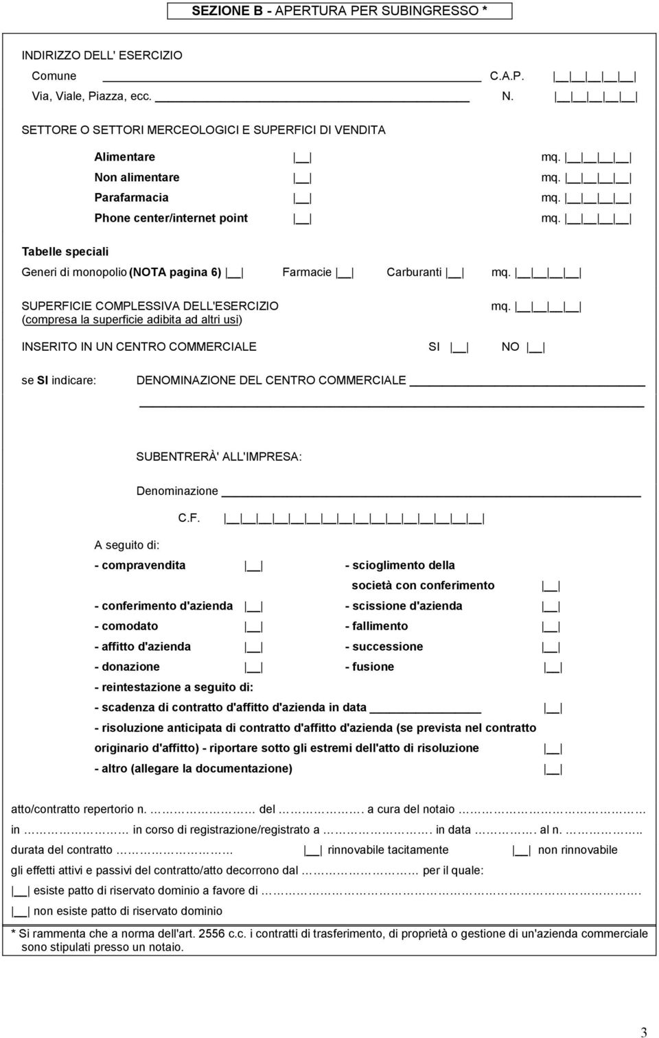 DENOMINAZIONE DEL CENTRO COMMERCIALE SUBENTRERÀ' ALL'IMPRESA: Denominazione C.F.