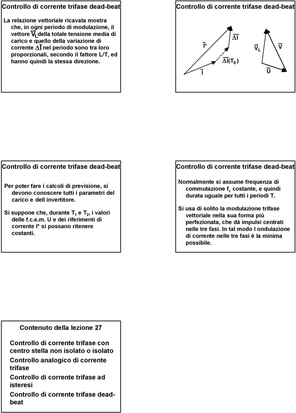 (T 0 ) L U deadbeat Per poter fare i calcoli di previsione, si devono conoscere tutti i parametri del carico e dell invertitore. Si suppone che, durante T e T, i valori delle f.c.e.m. U e dei riferimenti di corrente si possano ritenere costanti.