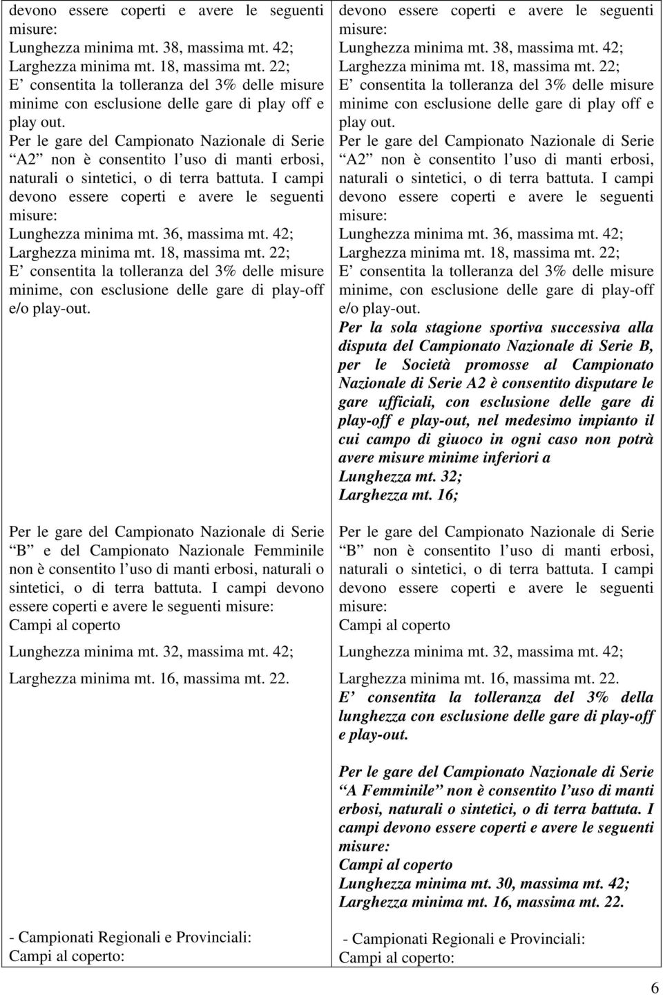 A2 non è consentito l uso di manti erbosi, devono essere coperti e avere le seguenti Lunghezza minima mt. 36, massima mt. 42; Larghezza minima mt. 18, massima mt.