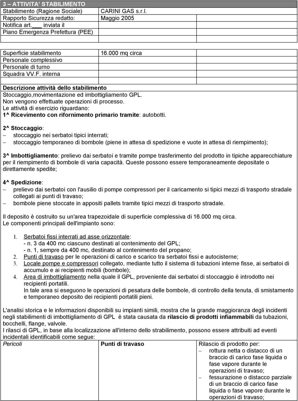 000 mq circa Descrizione attività dello stabilimento Stoccaggio,movimentazione ed imbottigliamento GPL. Non vengono effettuate operazioni di processo.