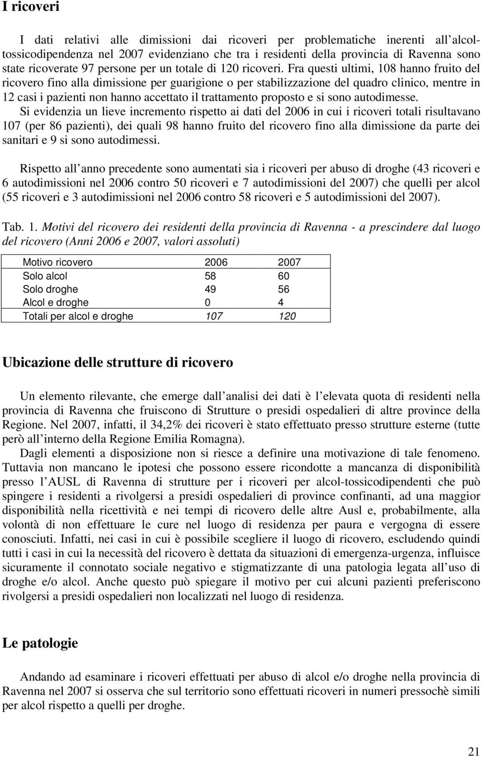 Fra questi ultimi, 108 hanno fruito del ricovero fino alla dimissione per guarigione o per stabilizzazione del quadro clinico, mentre in 12 casi i pazienti non hanno accettato il trattamento proposto