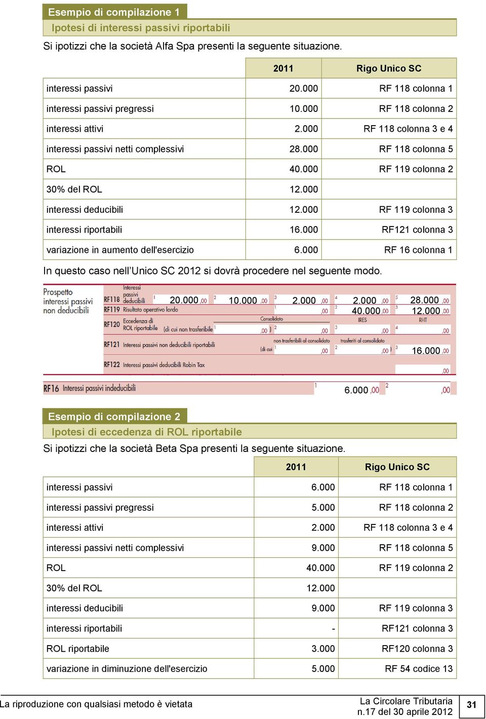 000 RF 119 colonna 2 30% del ROL 12.000 interessi deducibili 12.000 RF 119 colonna 3 interessi riportabili 16.000 RF121 colonna 3 variazione in aumento dell'esercizio 6.