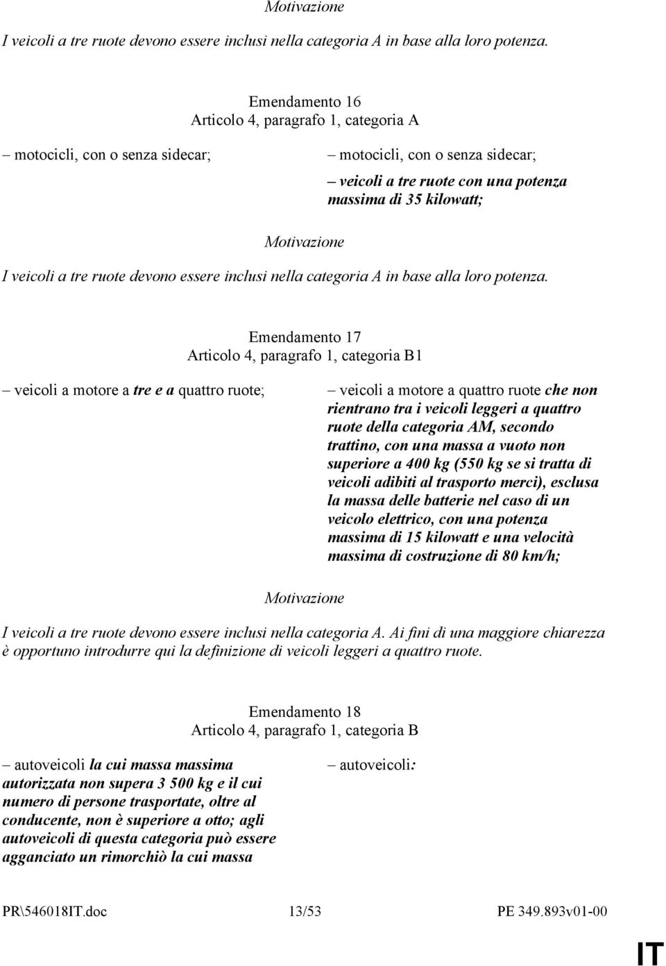 Articolo 4, paragrafo 1, categoria B1 veicoli a motore a tre e a quattro ruote; veicoli a motore a quattro ruote che non rientrano tra i veicoli leggeri a quattro ruote della categoria AM, secondo