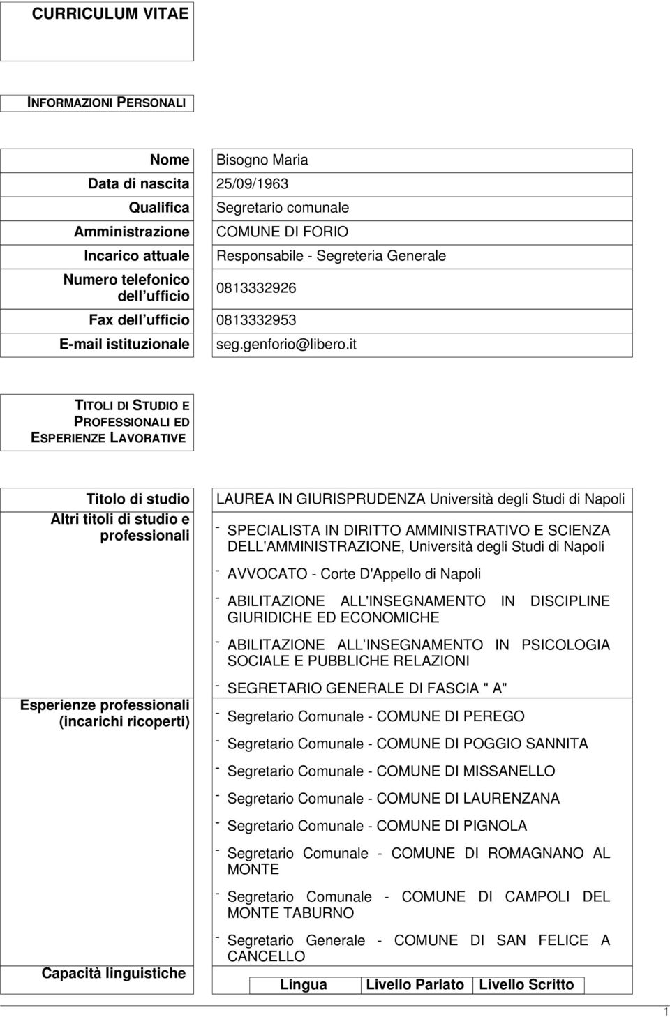 it TITOLI DI STUDIO E PROFESSIONALI ED ESPERIENZE LAVORATIVE Titolo di studio Altri titoli di studio e professionali LAUREA IN GIURISPRUDENZA Università degli Studi di Napoli - SPECIALISTA IN DIRITTO