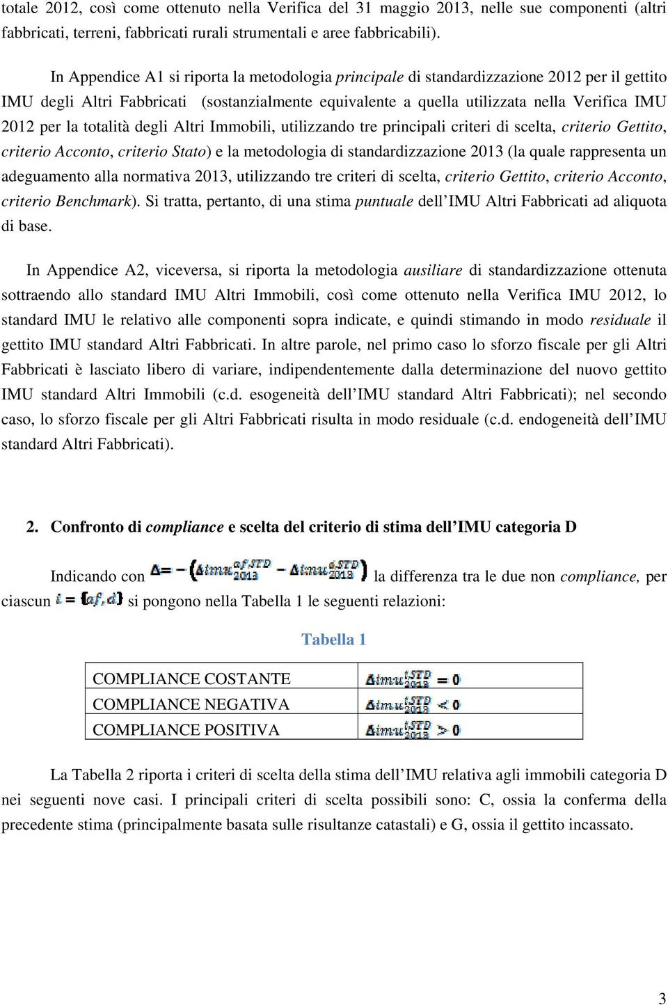 la totalità degli Altri Immobili, utilizzando tre principali criteri di scelta, criterio Gettito, criterio Acconto, criterio Stato) e la metodologia di standardizzazione 2013 (la quale rappresenta un