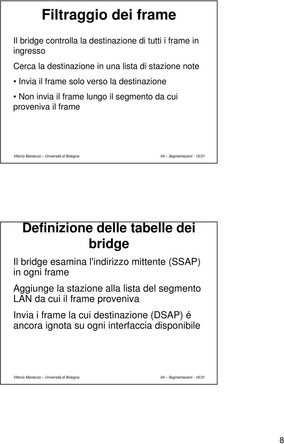 Definizione delle tabelle dei bridge Il bridge esamina l'indirizzo mittente (SSAP) in ogni frame Aggiunge la stazione alla lista del segmento LAN da cui il