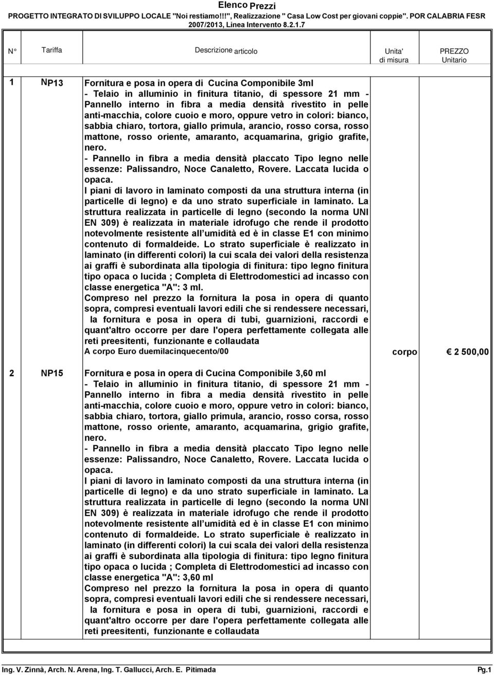 7 N Tariffa Descrizione articolo Unita' 1 NP13 Fornitura e posa in opera di Cucina Componibile 3ml - Telaio in alluminio in finitura titanio, di spessore 21 mm - Pannello interno in fibra a media