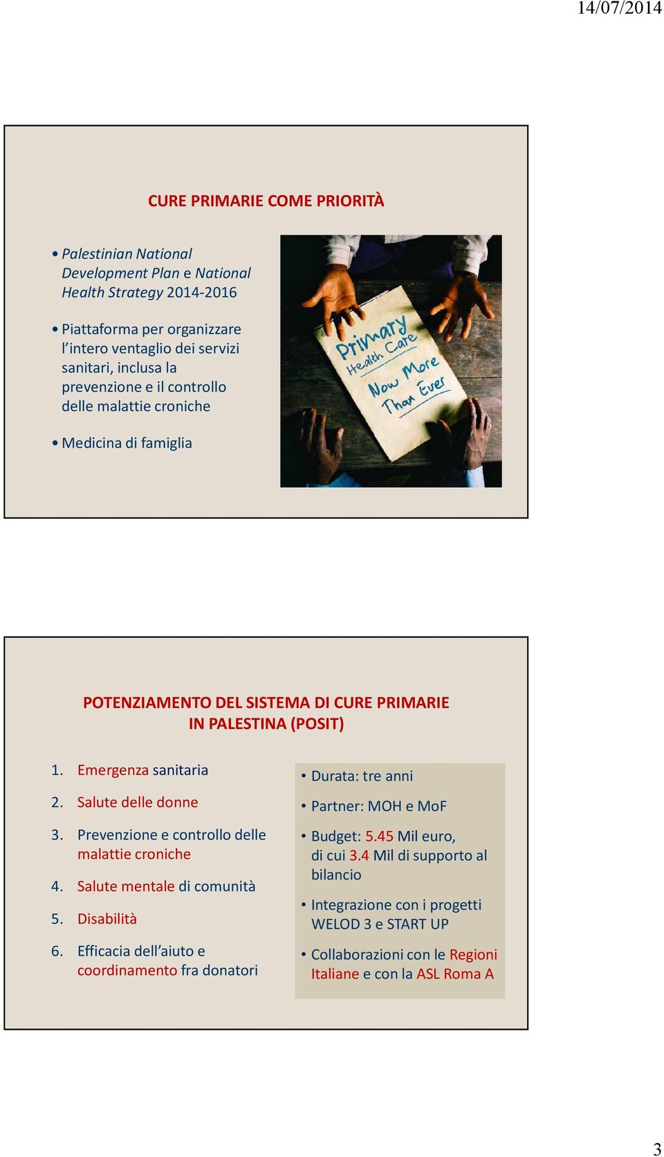 Salute delle donne 3. Prevenzione e controllo delle malattie croniche 4. Salute mentale di comunità 5. Disabilità 6.