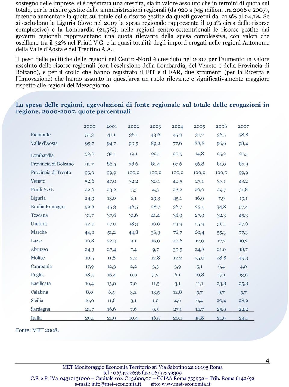 Se si escludono la Liguria (dove nel 2007 la spesa regionale rappresenta il 19,1% circa delle risorse complessive) e la Lombardia (21,5%), nelle regioni centro-settentrionali le risorse gestite dai