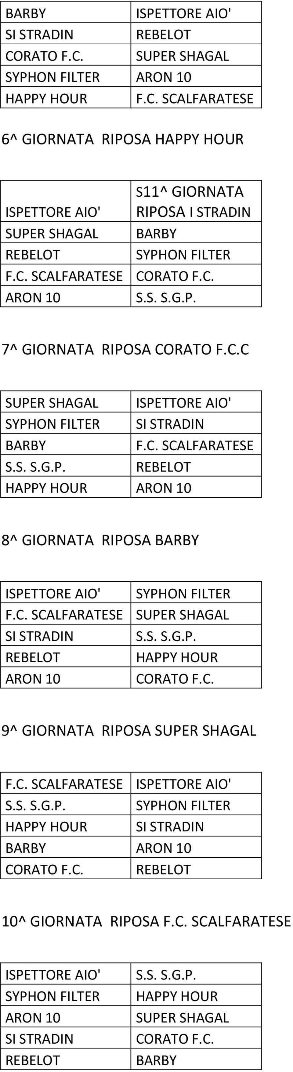 C. SCALFARATESE SUPER SHAGAL SI STRADIN S.S. S.G.P. REBELOT HAPPY HOUR ARON 10 CORATO F.C. 9^ GIORNATA RIPOSA SUPER SHAGAL F.C. SCALFARATESE ISPETTORE AIO' S.S. S.G.P. SYPHON FILTER HAPPY HOUR SI STRADIN BARBY ARON 10 CORATO F.