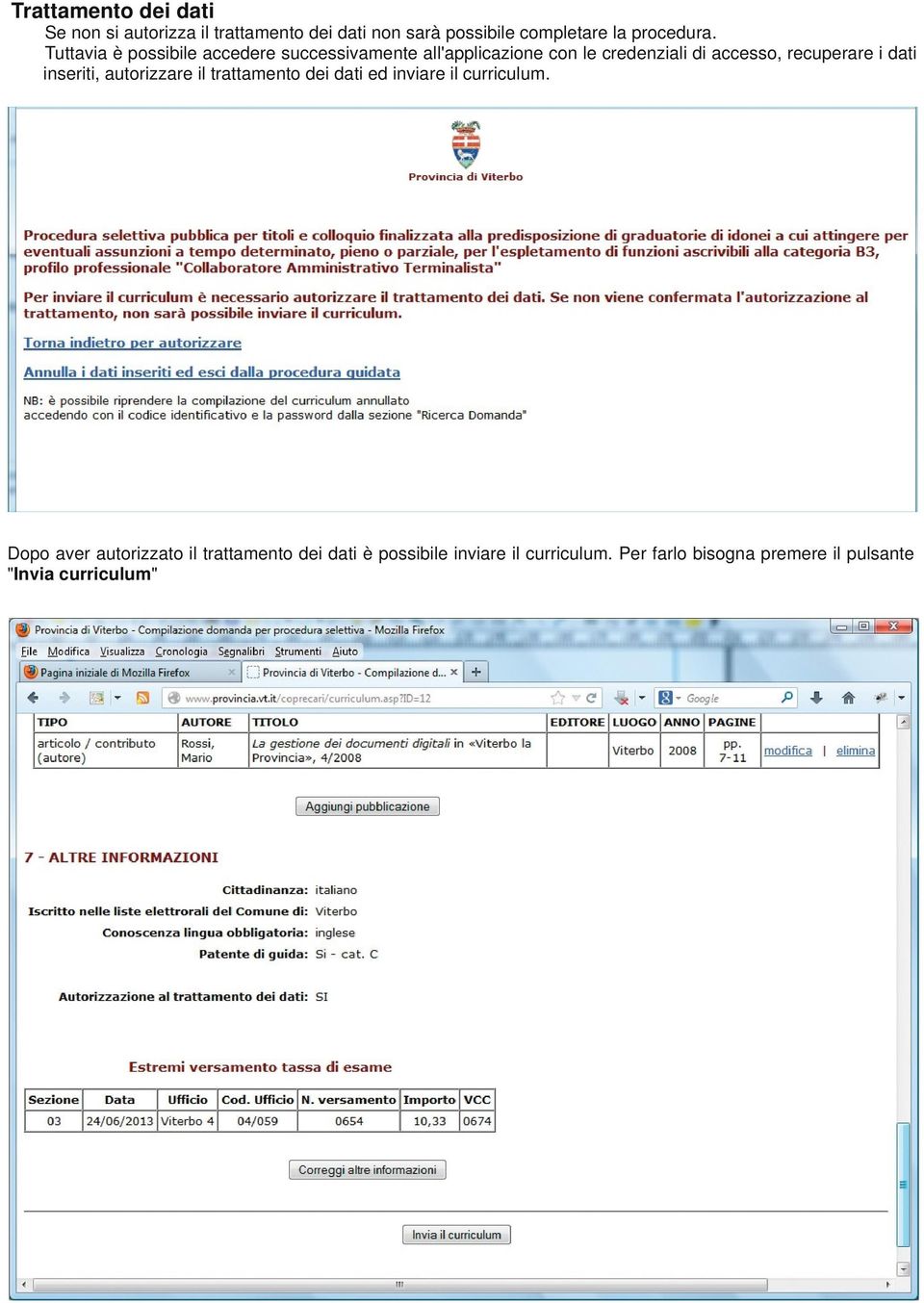 dati inseriti, autorizzare il trattamento dei dati ed inviare il curriculum.