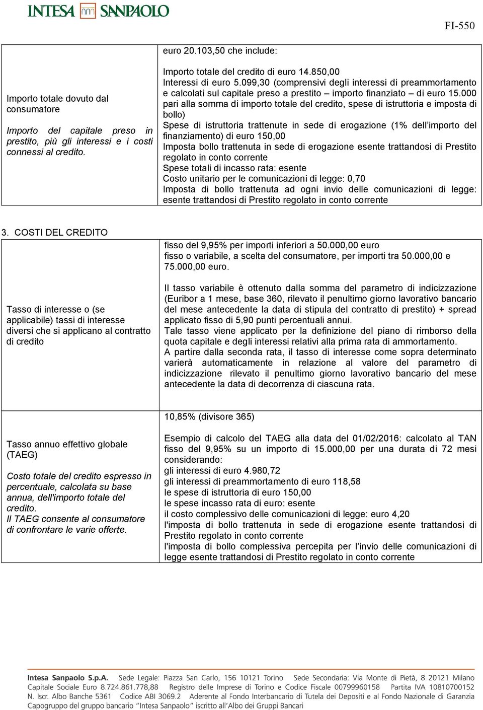 000 pari alla somma di importo totale del credito, spese di istruttoria e imposta di bollo) Spese di istruttoria trattenute in sede di erogazione (1% dell importo del finanziamento) di euro 150,00