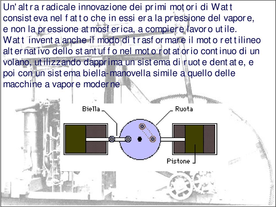 Watt inventa anche il modo di trasformare il moto rettilineo alternativo dello stantuffo nel moto rotatorio